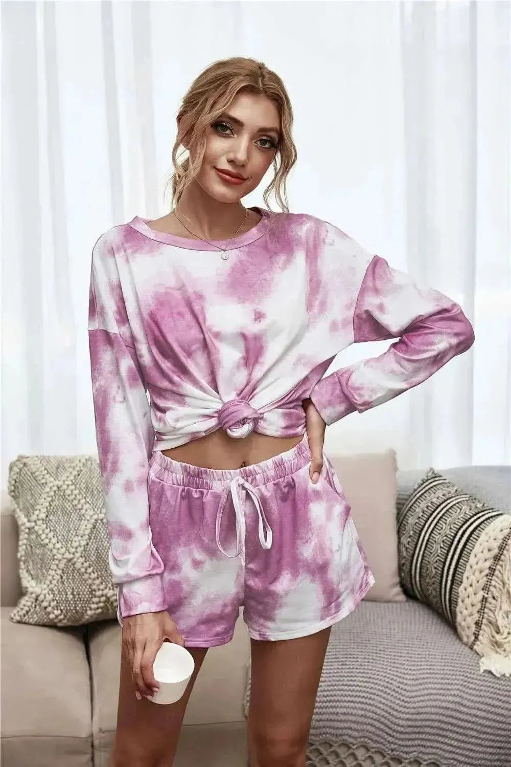 Tie-Dye Dropped Shoulder Top and Shorts Lounge Set - Bad Moms Club