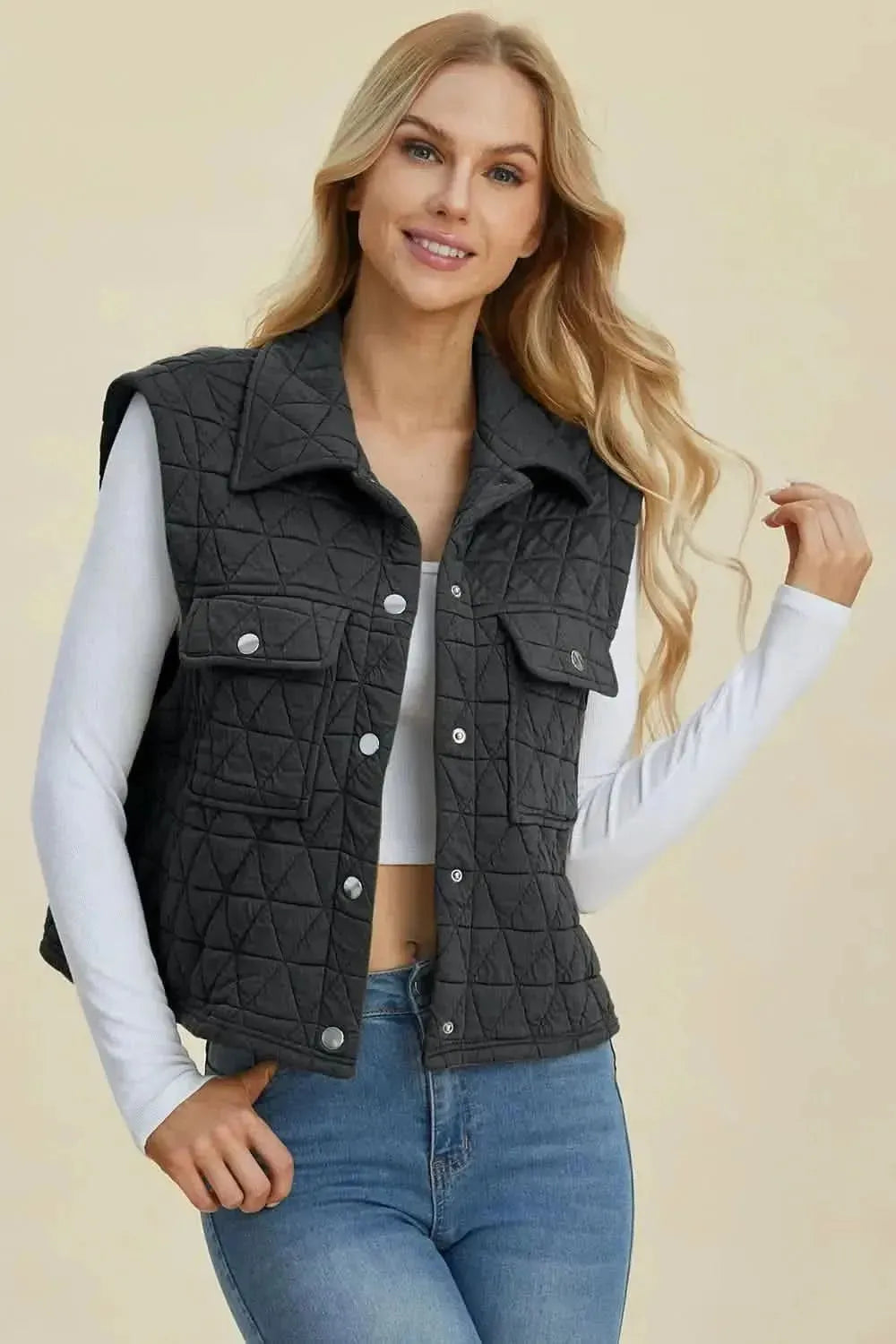 Double Take Full Size Pocketed Texture Snap Down Vest Coat - Bad Moms Club