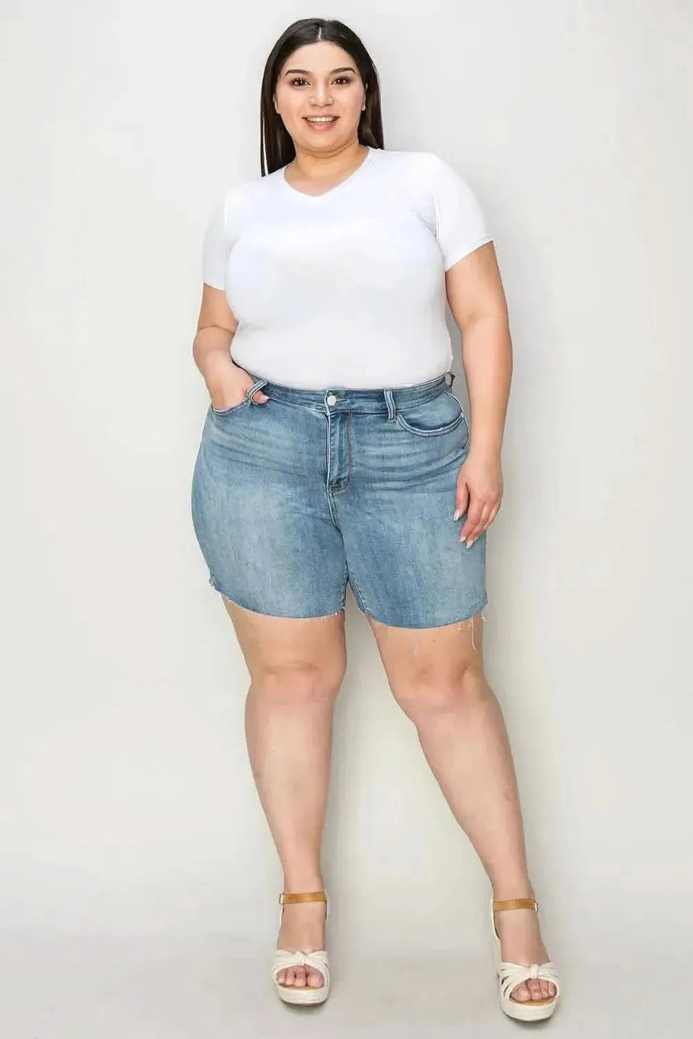 Judy Blue Full Size High Waist Raw Hem Denim Shorts - Bad Moms Club