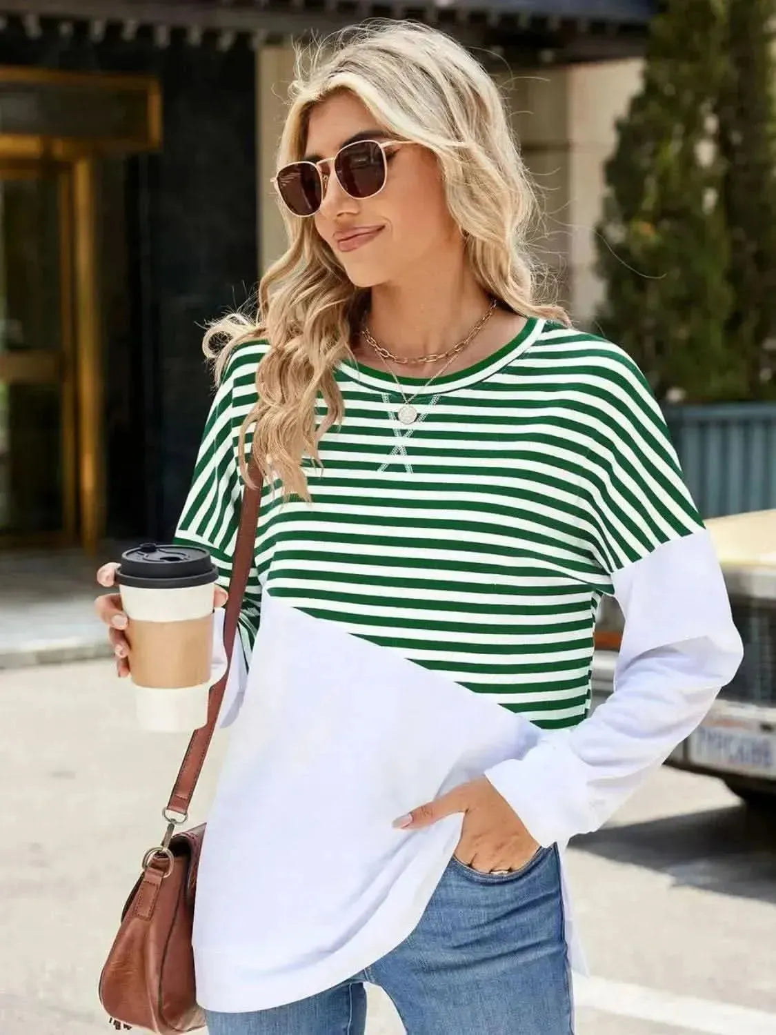 Slit Contrast Striped Long Sleeve Sweatshirt - Bad Moms Club
