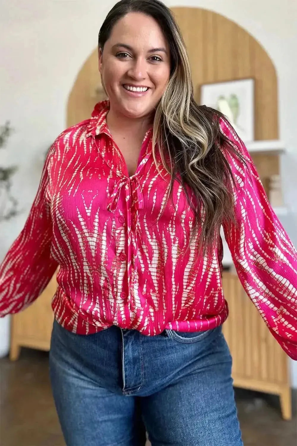 Double Take Full Size Printed Button Up Long Sleeve Shirt - Bad Moms Club
