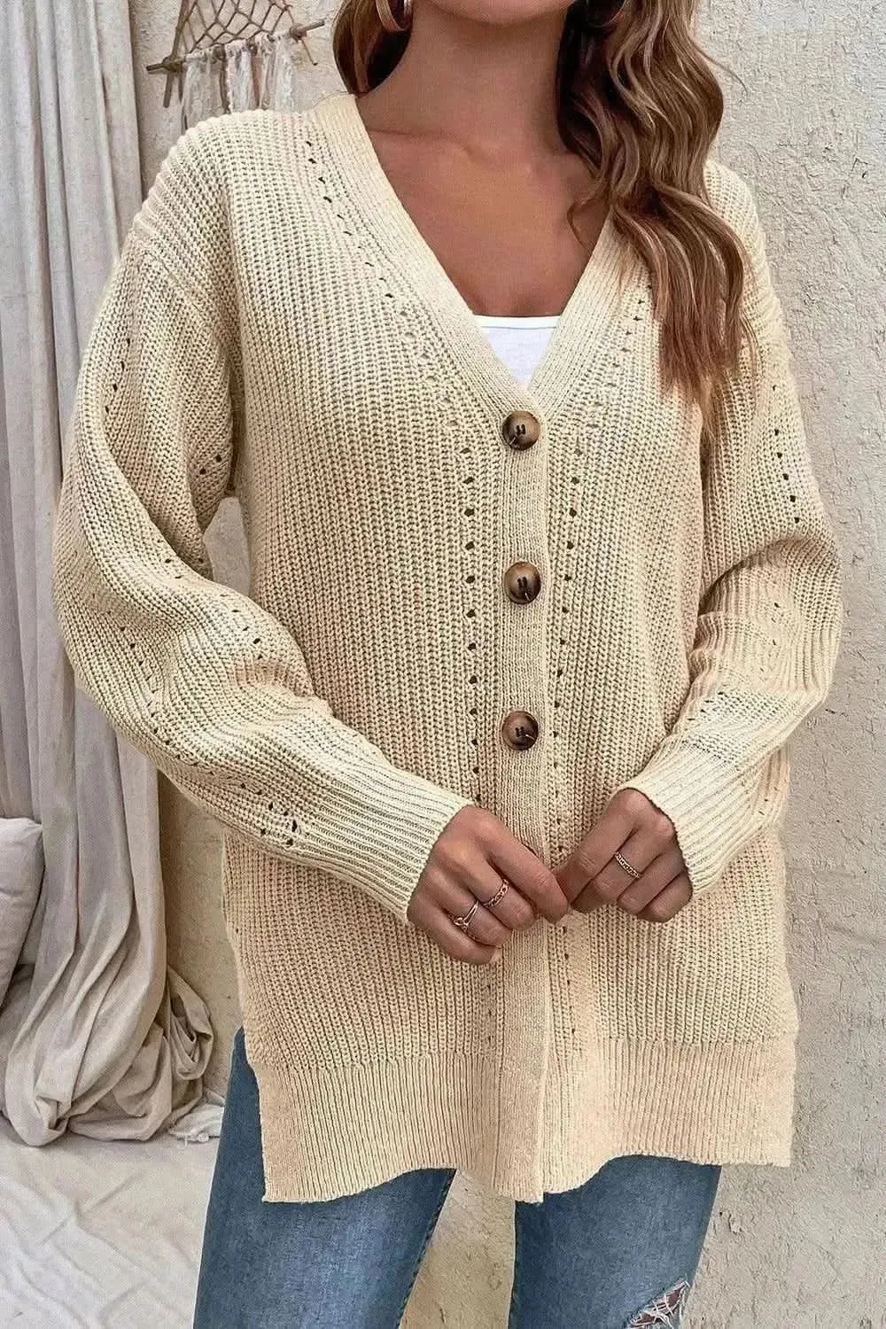 V-Neck Openwork Long Sleeve Cardigan - Bad Moms Club