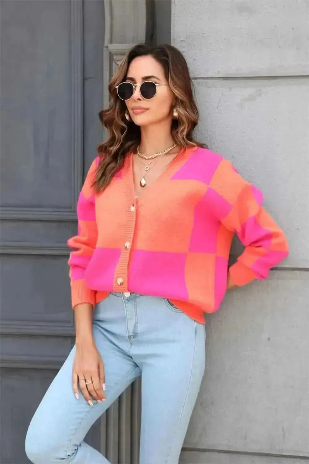 Plaid V-Neck Dropped Shoulder Cardigan - Bad Moms Club