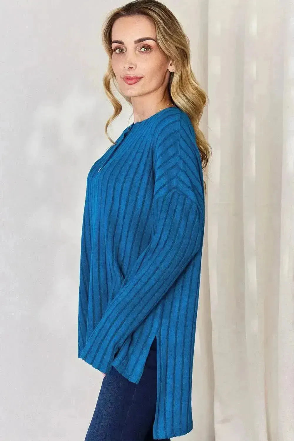 Basic Bae Full Size Ribbed Half Button Long Sleeve High-Low T-Shirt - Bad Moms Club