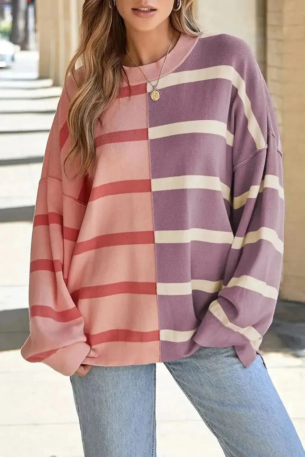 Striped Round Neck Long Sleeve Knit Top - Bad Moms Club