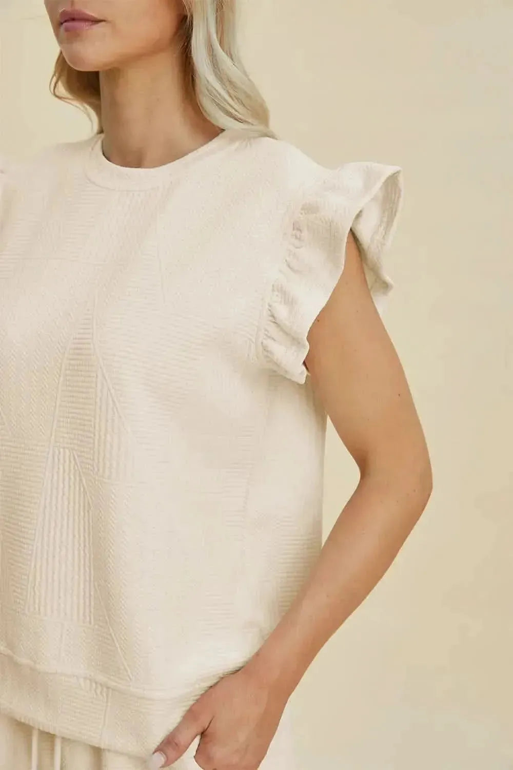 Double Take Full Size Texture Round Neck Ruffle Sleeve Top and Shorts Set - Bad Moms Club