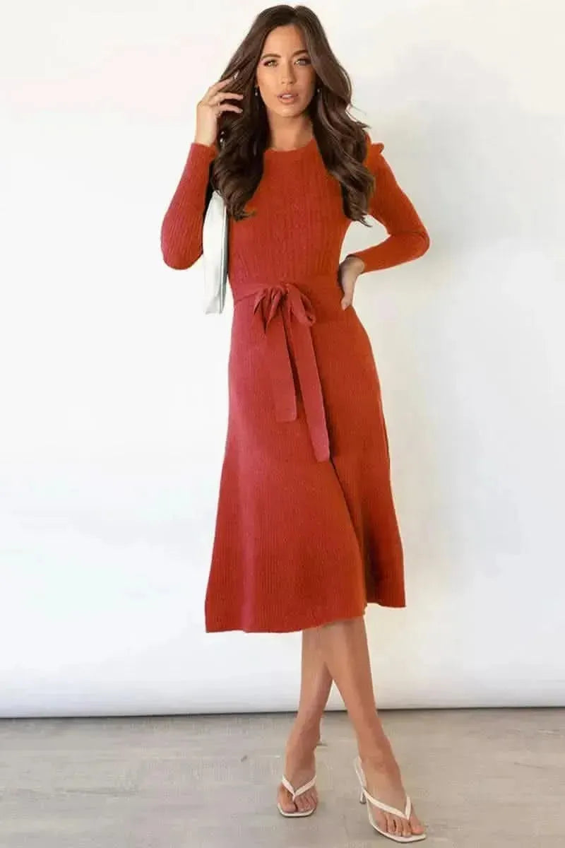 Round Neck Long Sleeve Tie Waist Sweater Dress - Bad Moms Club
