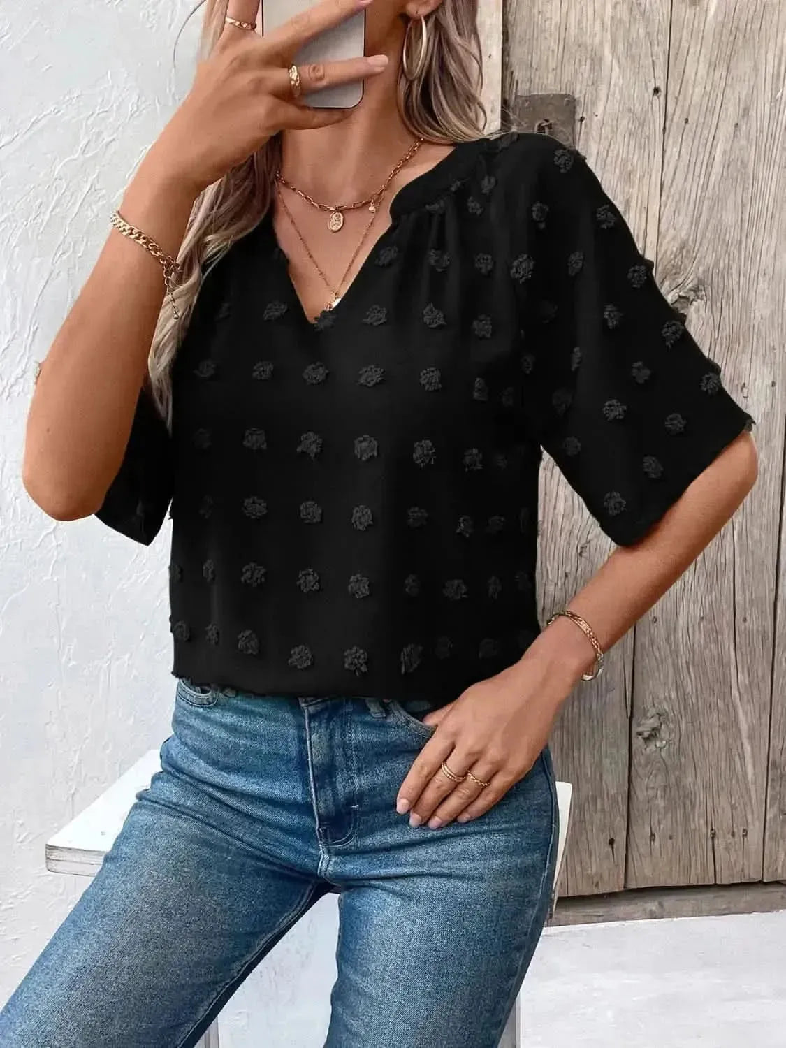 Ivy Lane Swiss Dot Notched Half Sleeve Blouse - Bad Moms Club
