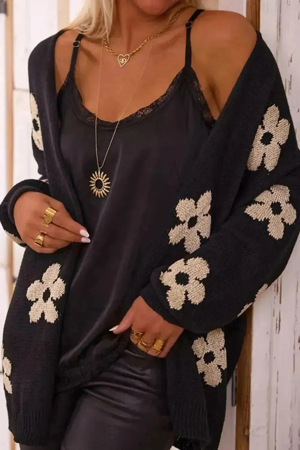 Flower Open Front Long Sleeve Cardigan - Bad Moms Club