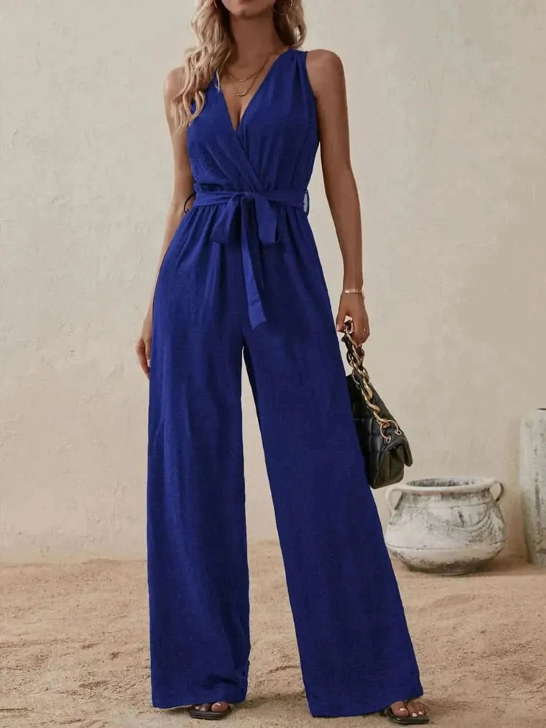Honey Tied Surplice Sleeveless Wide Leg Jumpsuit - Bad Moms Club