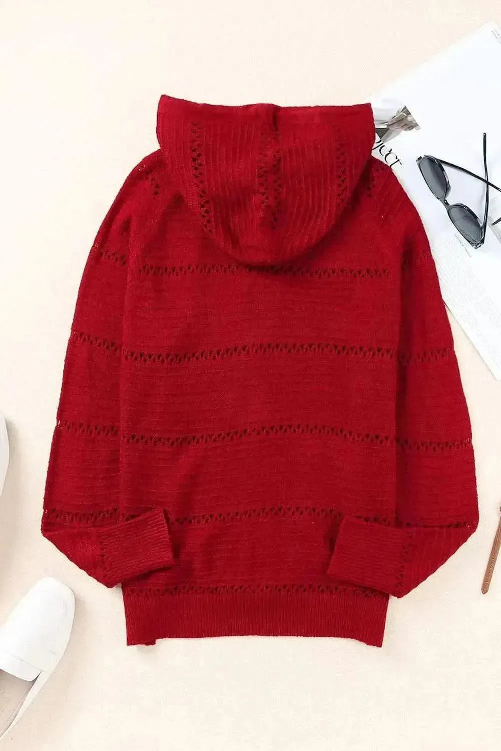 Zip-Up Raglan Sleeve Openwork Hooded Cardigan - Bad Moms Club