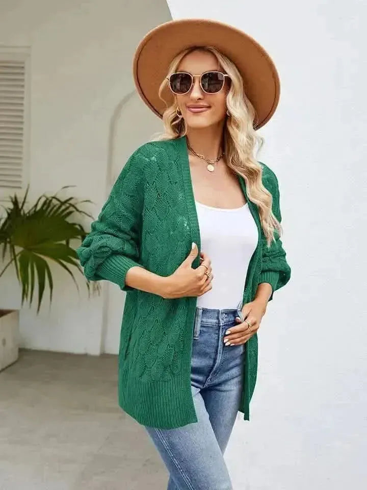 Openwork Open Front Lantern Sleeve Cardigan - Bad Moms Club