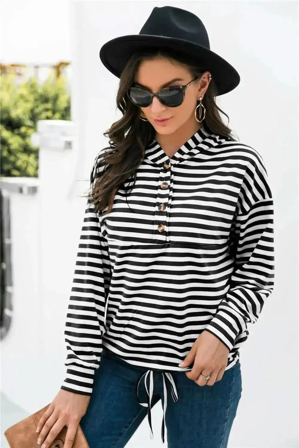 Striped Half-Button Dropped Shoulder Hoodie - Bad Moms Club