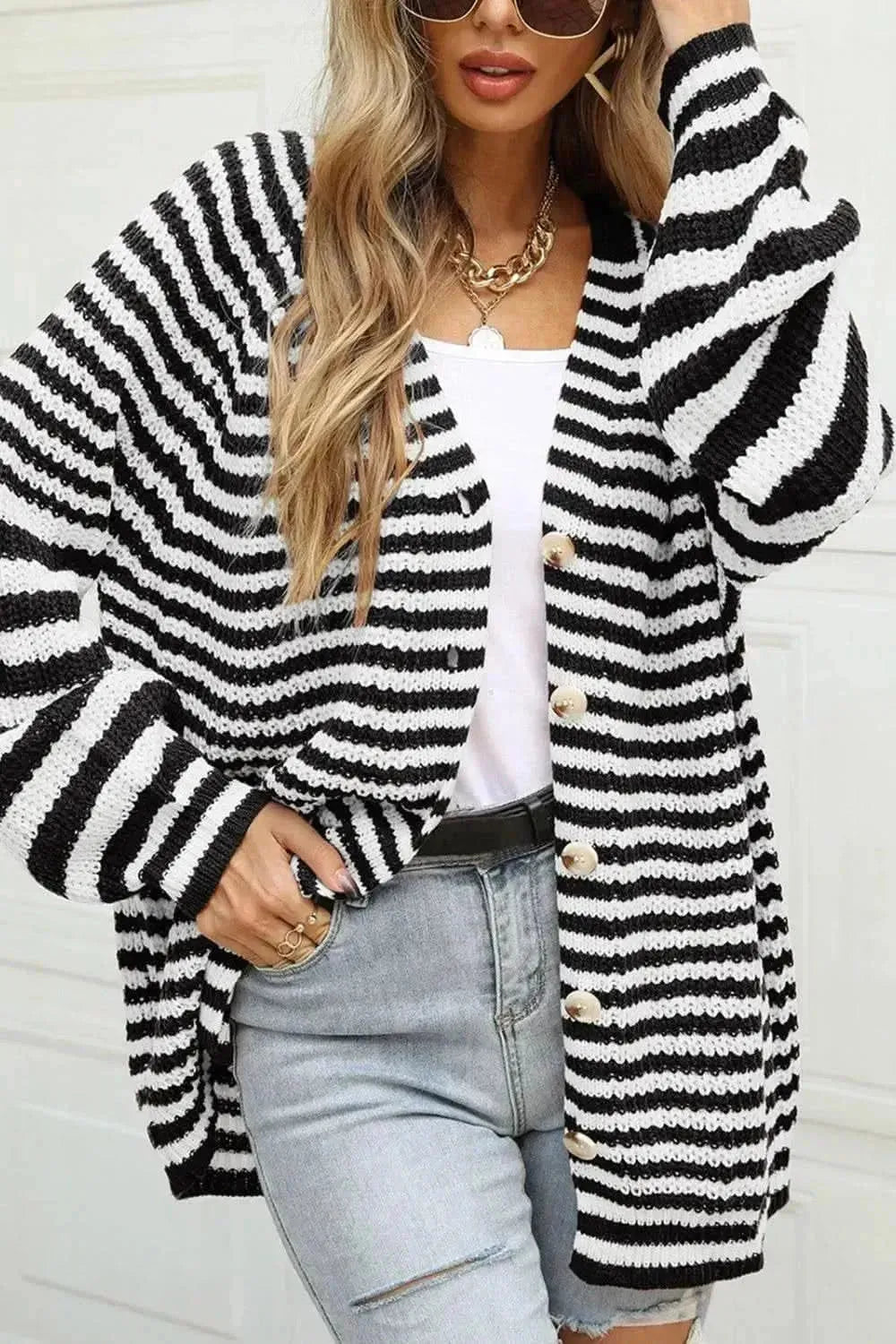 Striped Button Up Long Sleeve Cardigan - Bad Moms Club