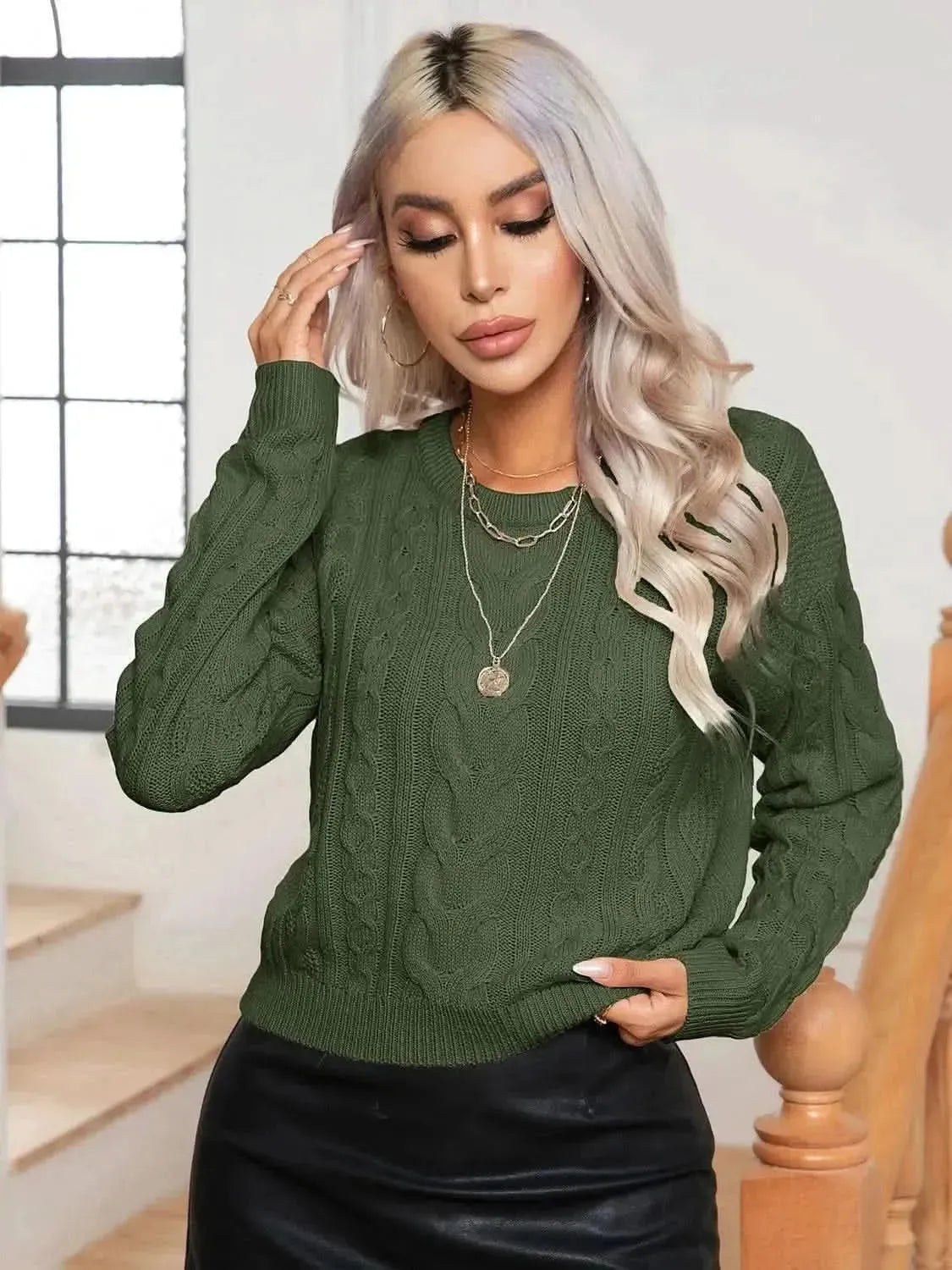Cable-Knit Round Neck Long Sleeve Sweater - Bad Moms Club
