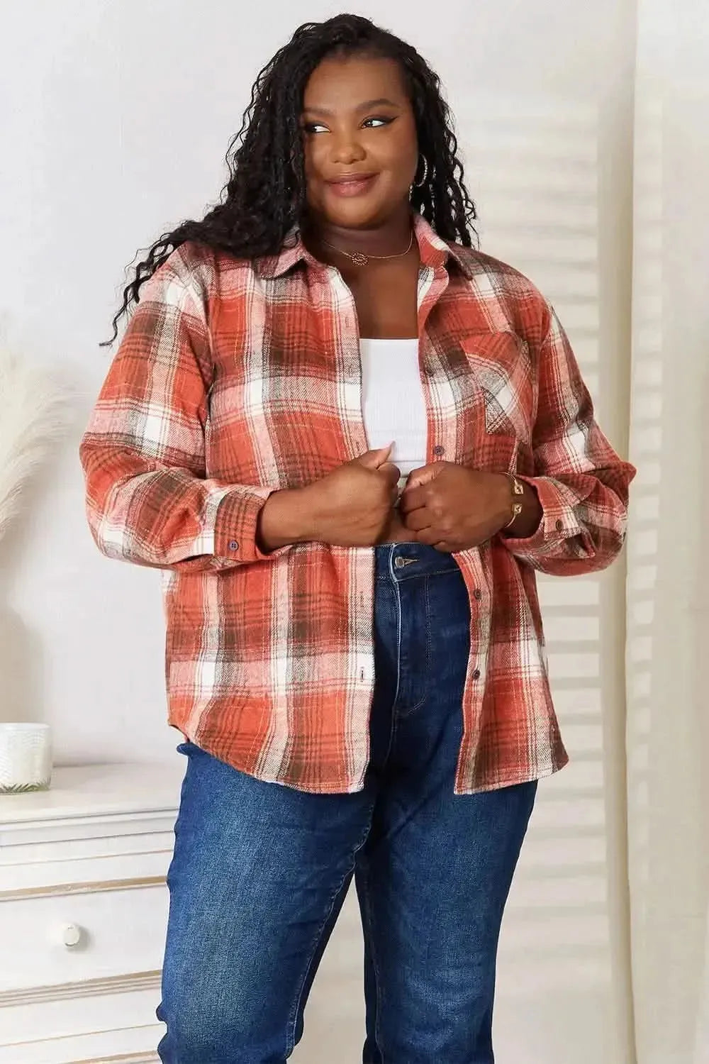 Plaid Collared Neck Long Sleeve Shirt - Bad Moms Club