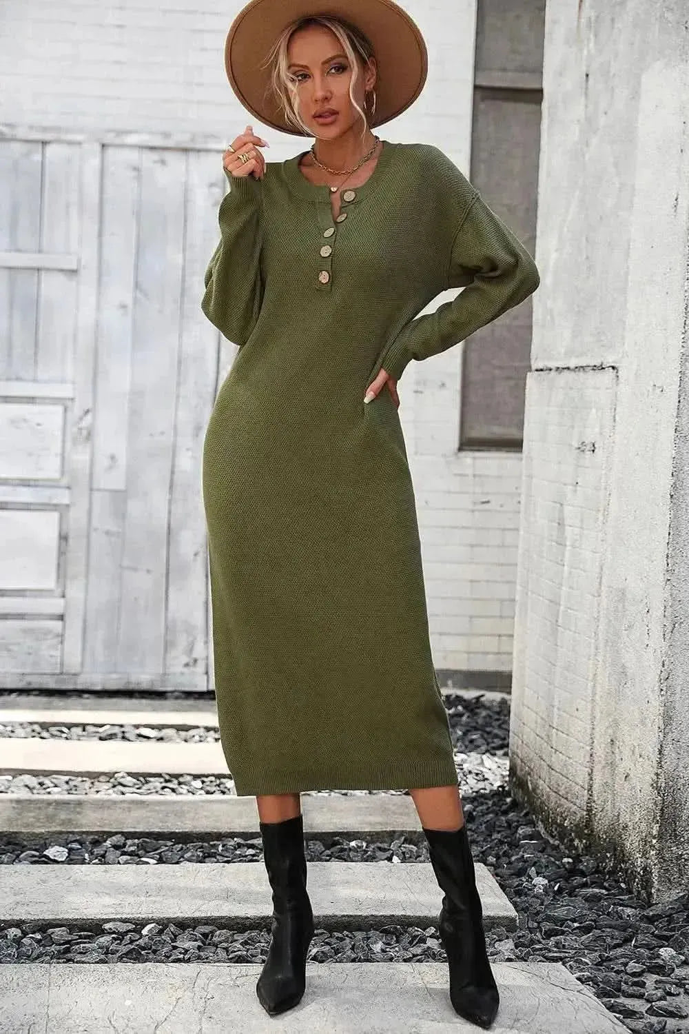Decorative Button Notched Dropped Shoulder Sweater Dress - Bad Moms Club