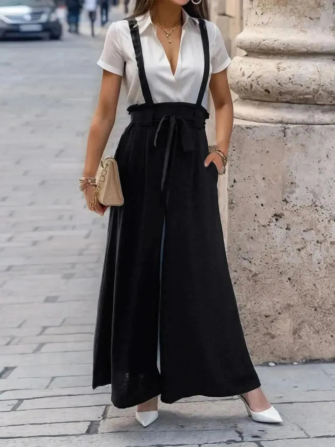 Perfee Tied Wide Leg Pants with Shoulder Straps - Bad Moms Club