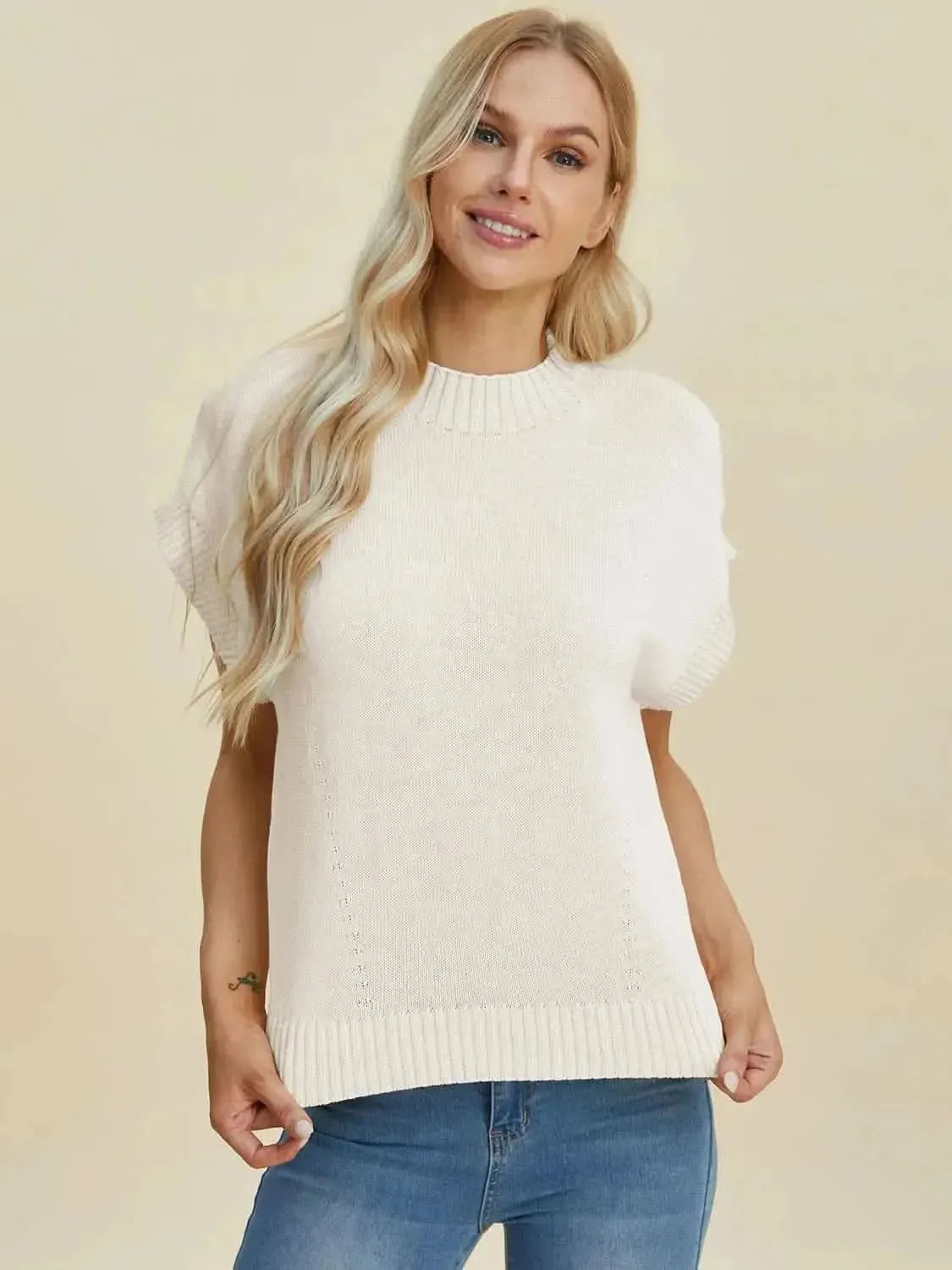Double Take Full Size Mock Neck Short Sleeve Sweater - Bad Moms Club