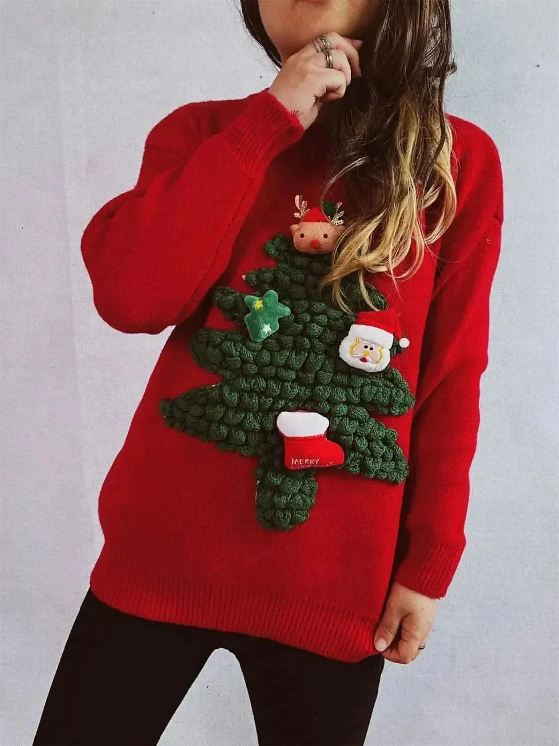 Christmas Tree Round Neck Long Sleeve Sweater - Bad Moms Club