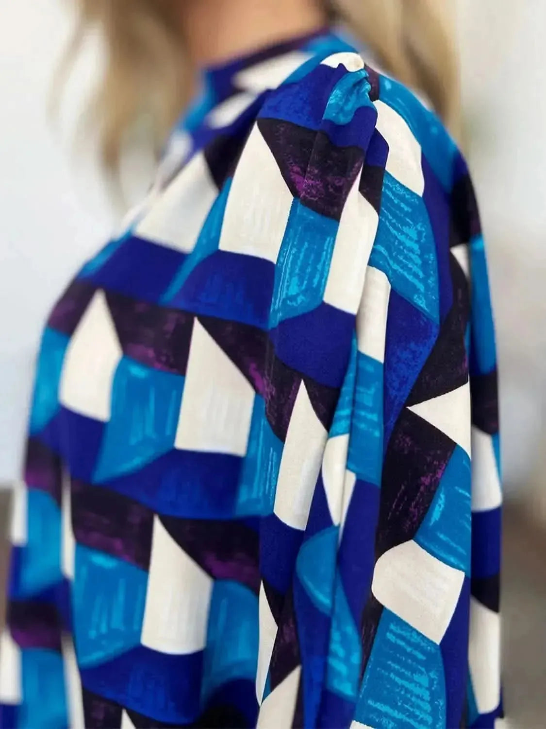 Double Take Full Size Geometric Notched Half Sleeve Blouse - Bad Moms Club