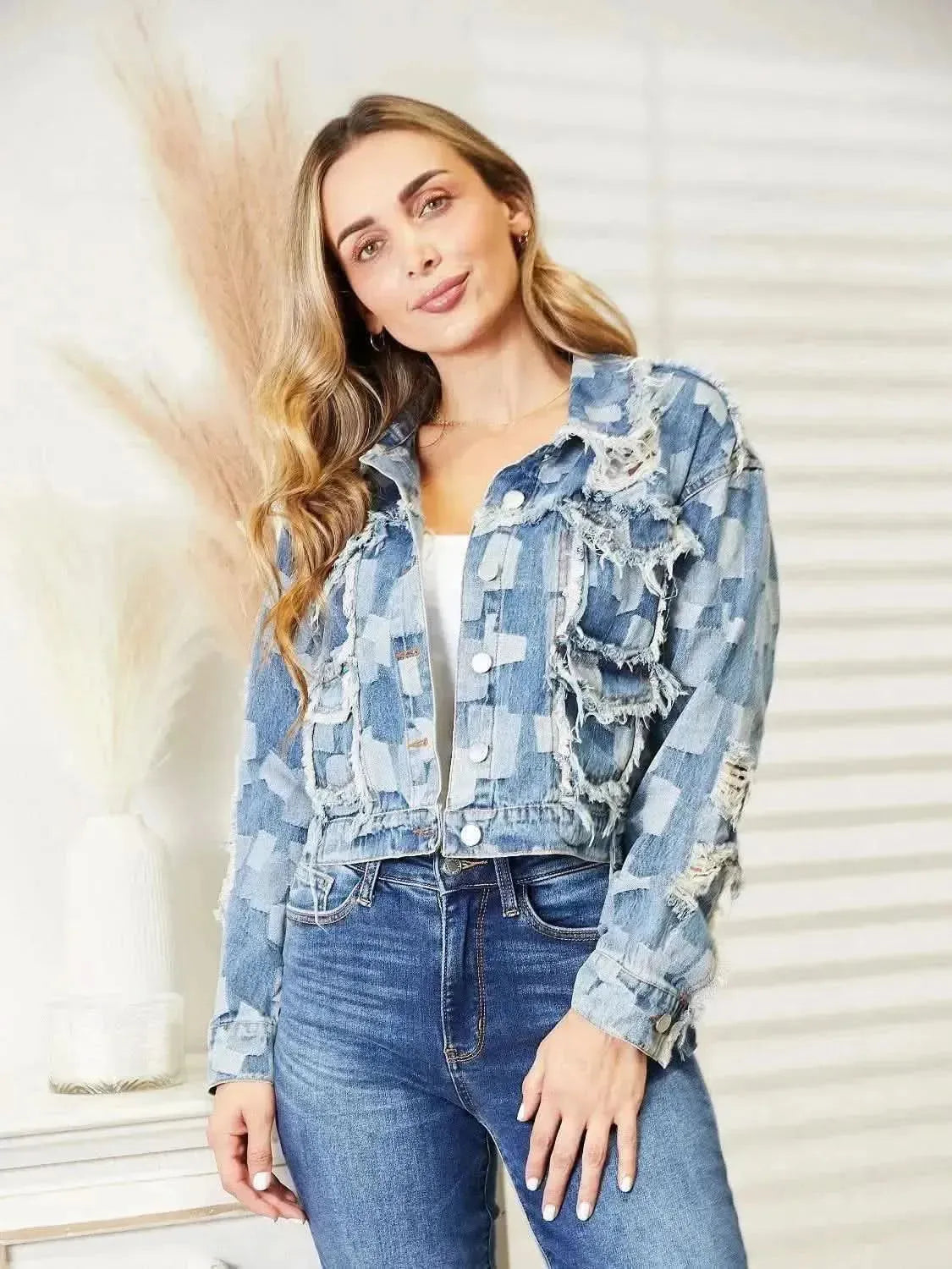 Plaid Raw Hem Dropped Shoulder Denim Jacket - Bad Moms Club
