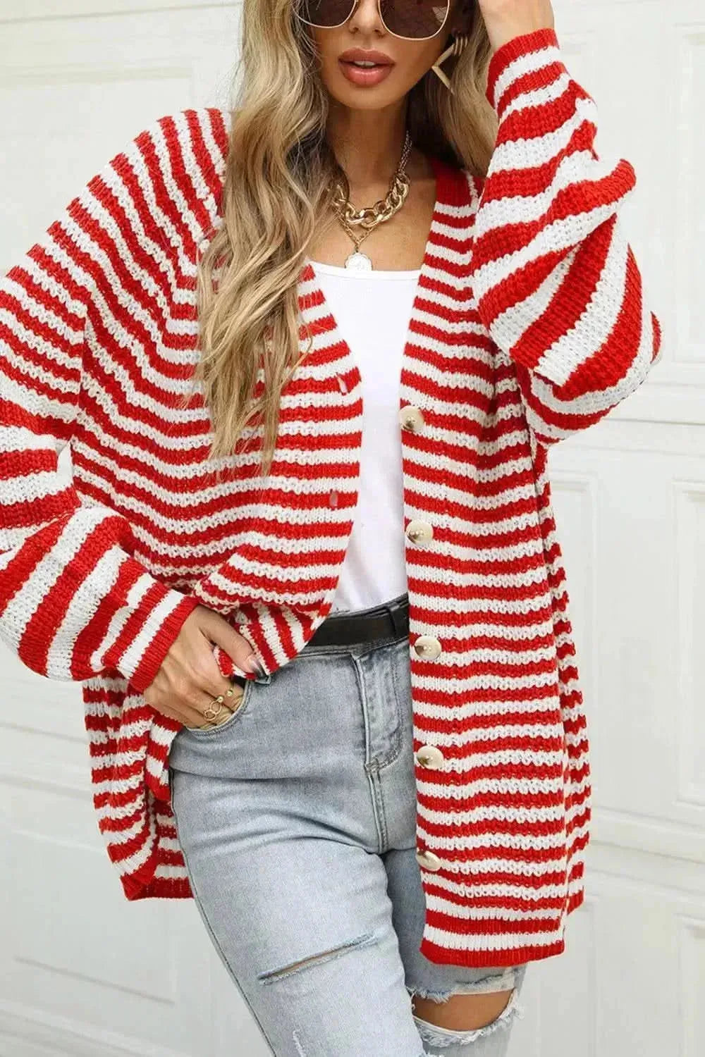 Striped Button Up Long Sleeve Cardigan - Bad Moms Club