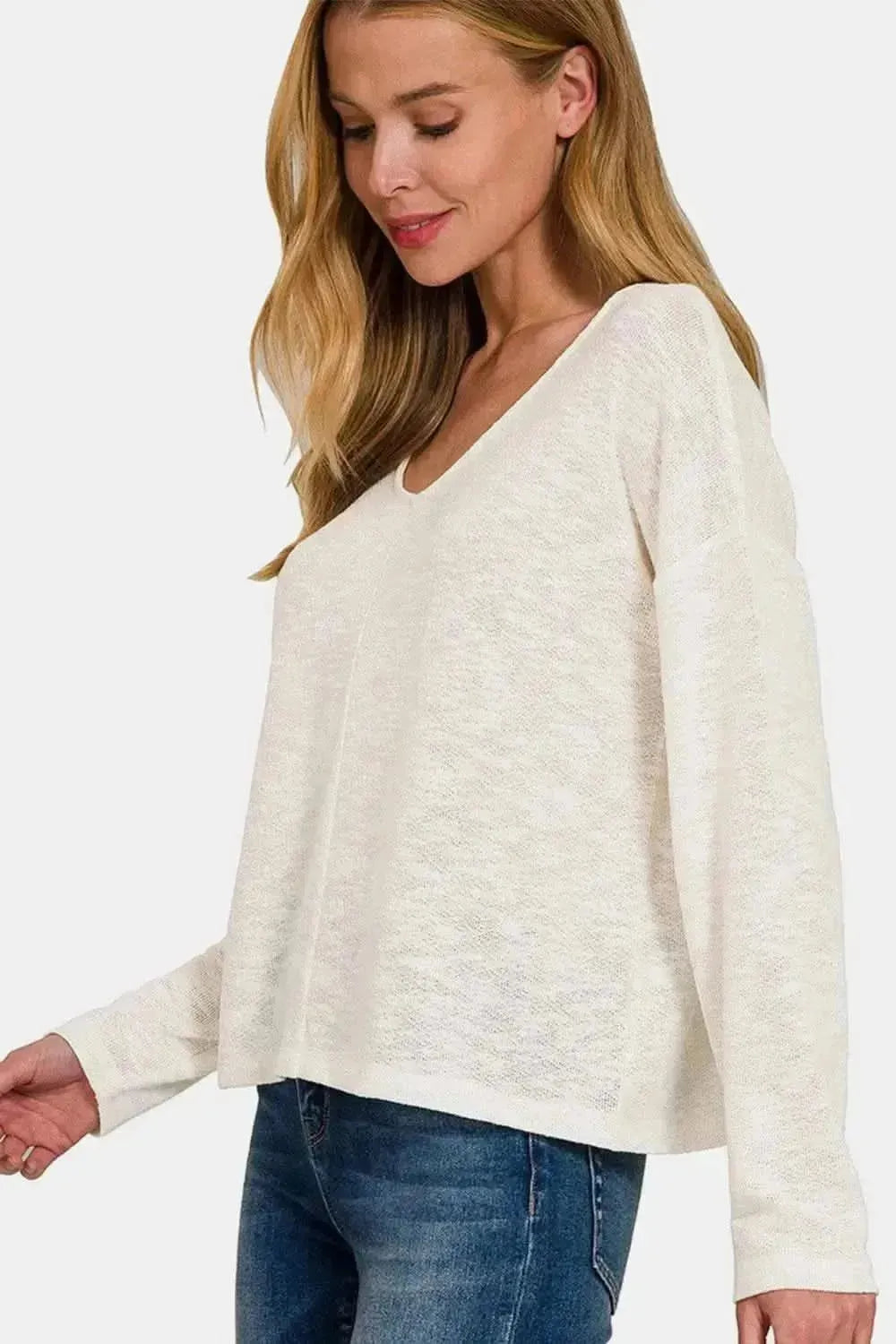 Zenana V-Neck Dropped Shoulder Long Sleeve T-Shirt - Bad Moms Club