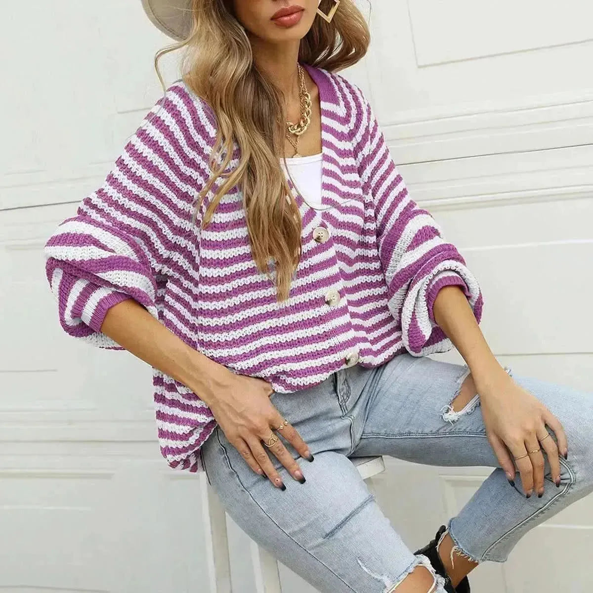 Striped Button Down Long Sleeve Cardigan - Bad Moms Club