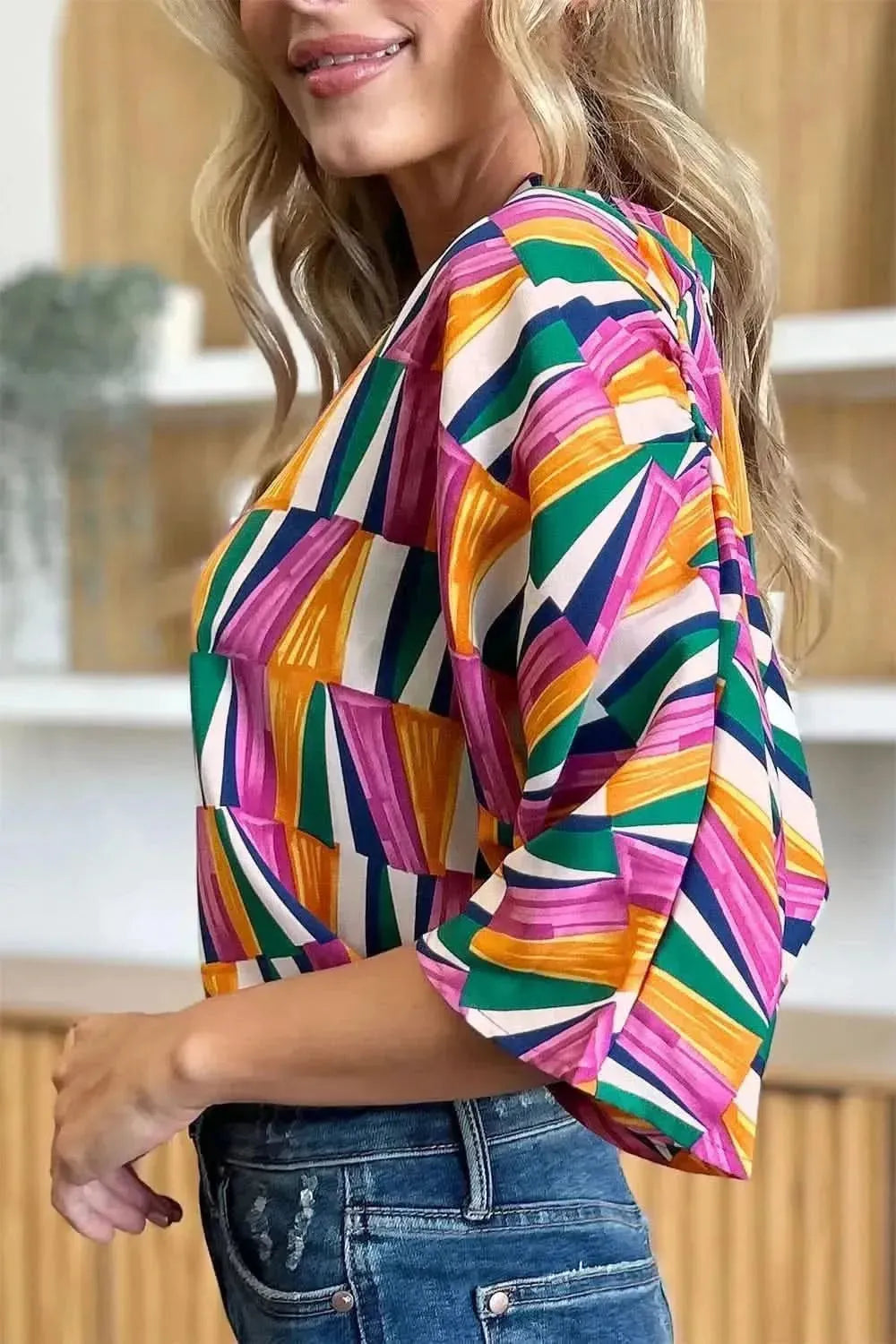 Double Take Full Size Geometric Notched Dolman Sleeve Top - Bad Moms Club