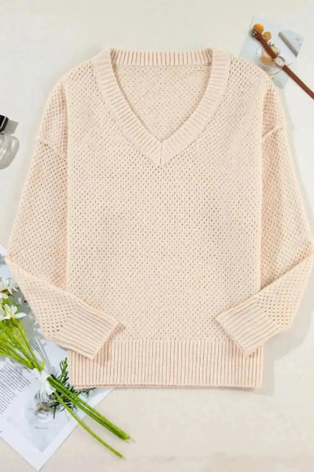V-Neck Dropped Shoulder Long Sleeve Sweater - Bad Moms Club