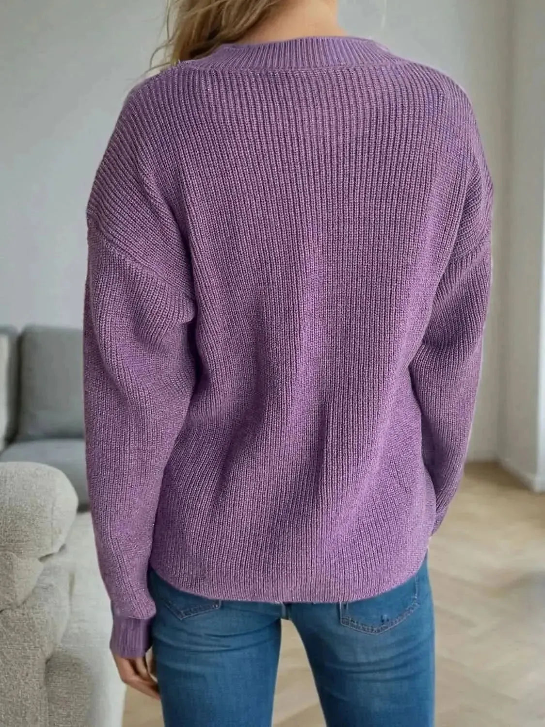 Solid Color Round Neck Long Sleeve Sweater - Bad Moms Club