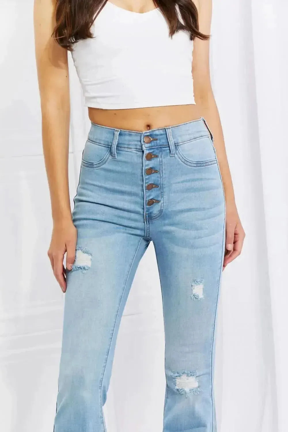 Vibrant MIU Full Size Jess Button Flare Jeans - Bad Moms Club