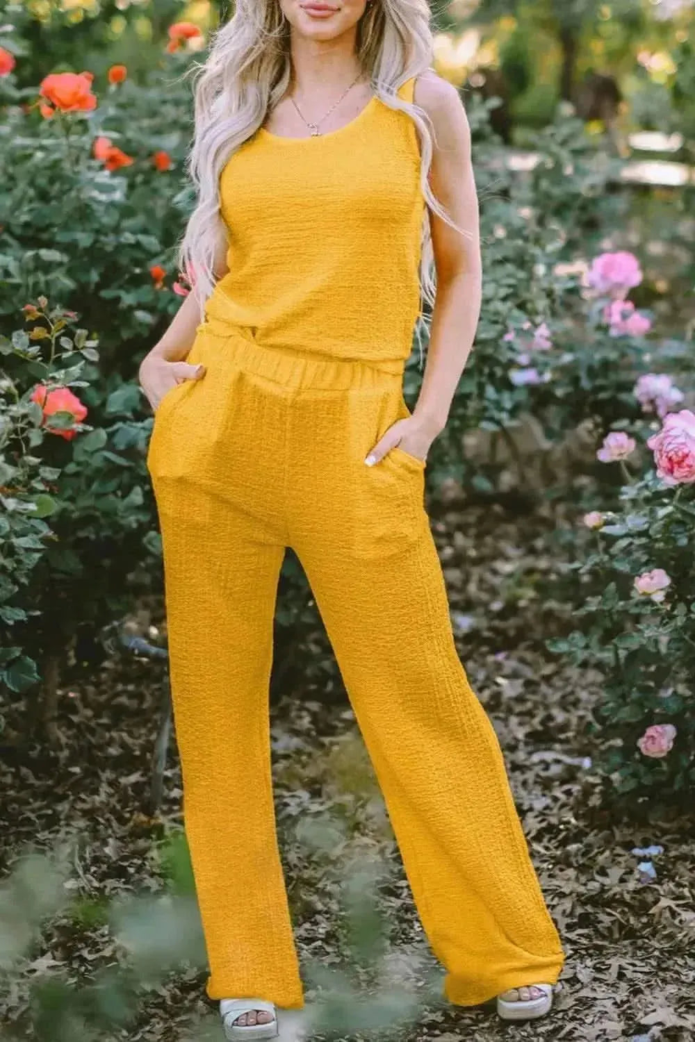 Textured Round Neck Top and Wide Leg Pants Set - Bad Moms Club