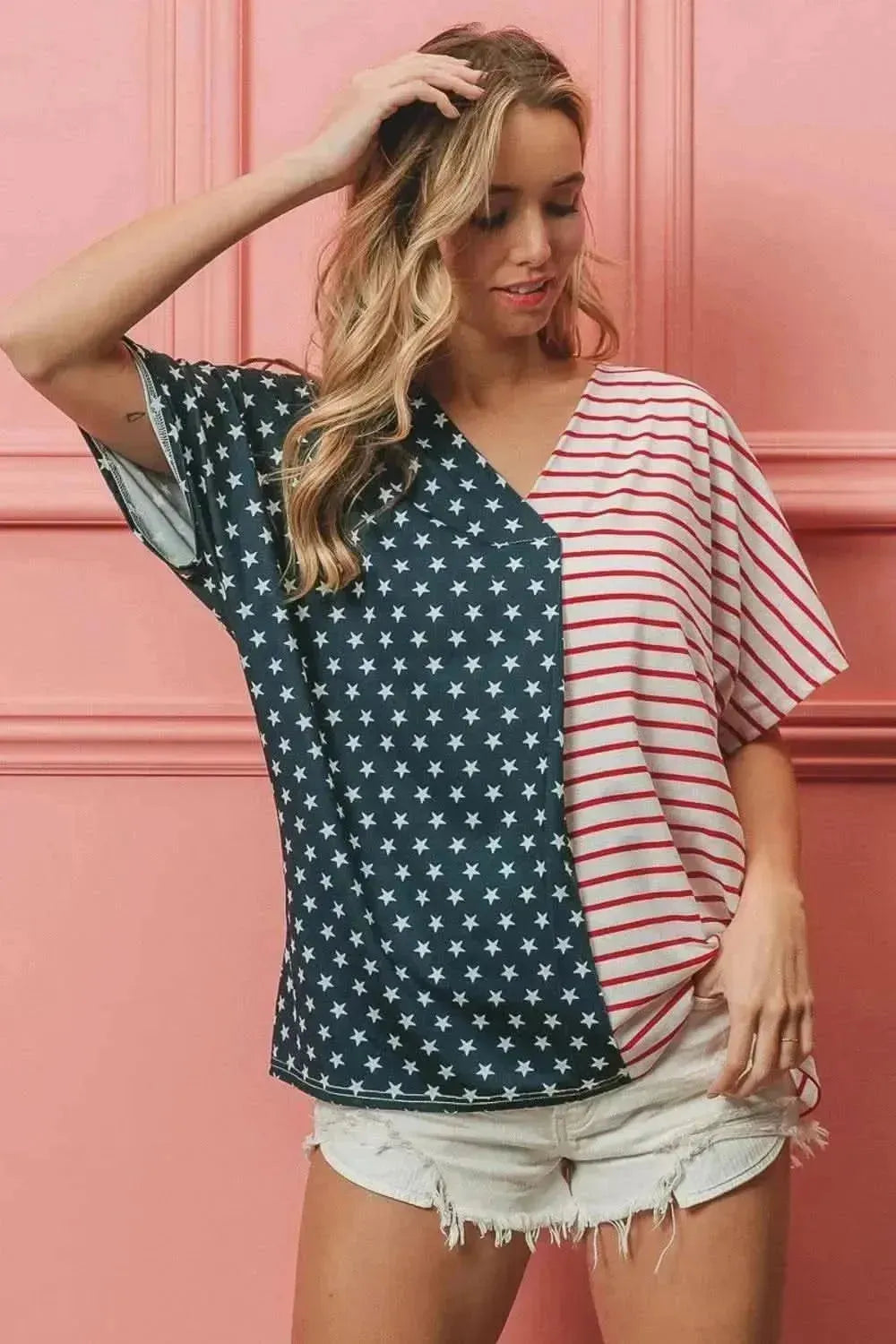 BiBi US Flag Themed Color Block Short Sleeve T-Shirt - Bad Moms Club