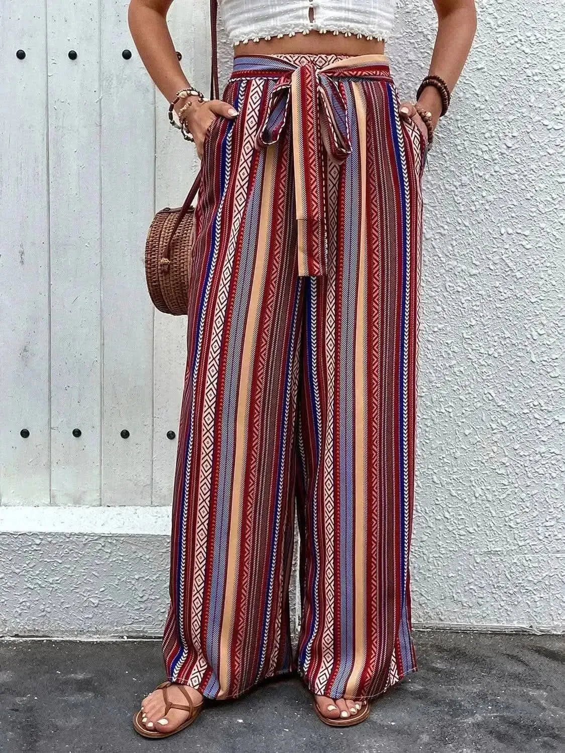 Perfee Tied Geometric Wide Leg Pants - Bad Moms Club