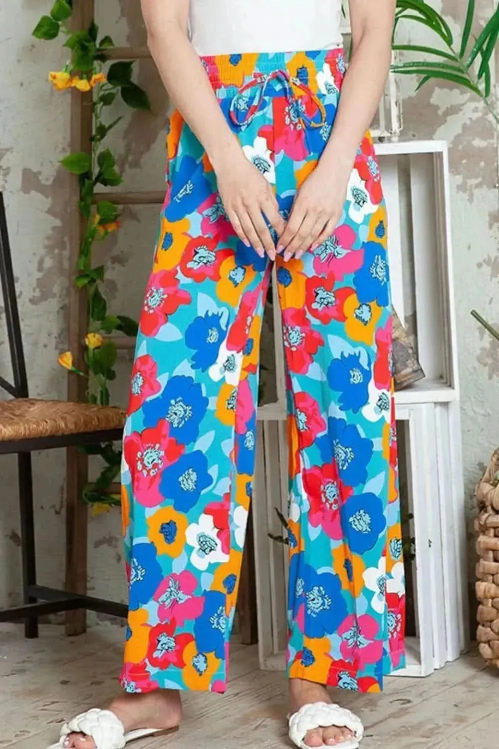 Printed Drawstring Wide Leg Pants - Bad Moms Club