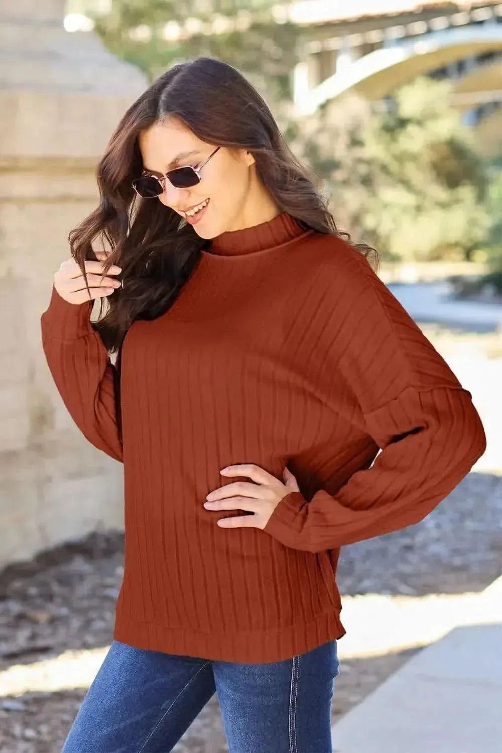 Basic Bae Full Size Ribbed Exposed Seam Mock Neck Knit Top - Bad Moms Club