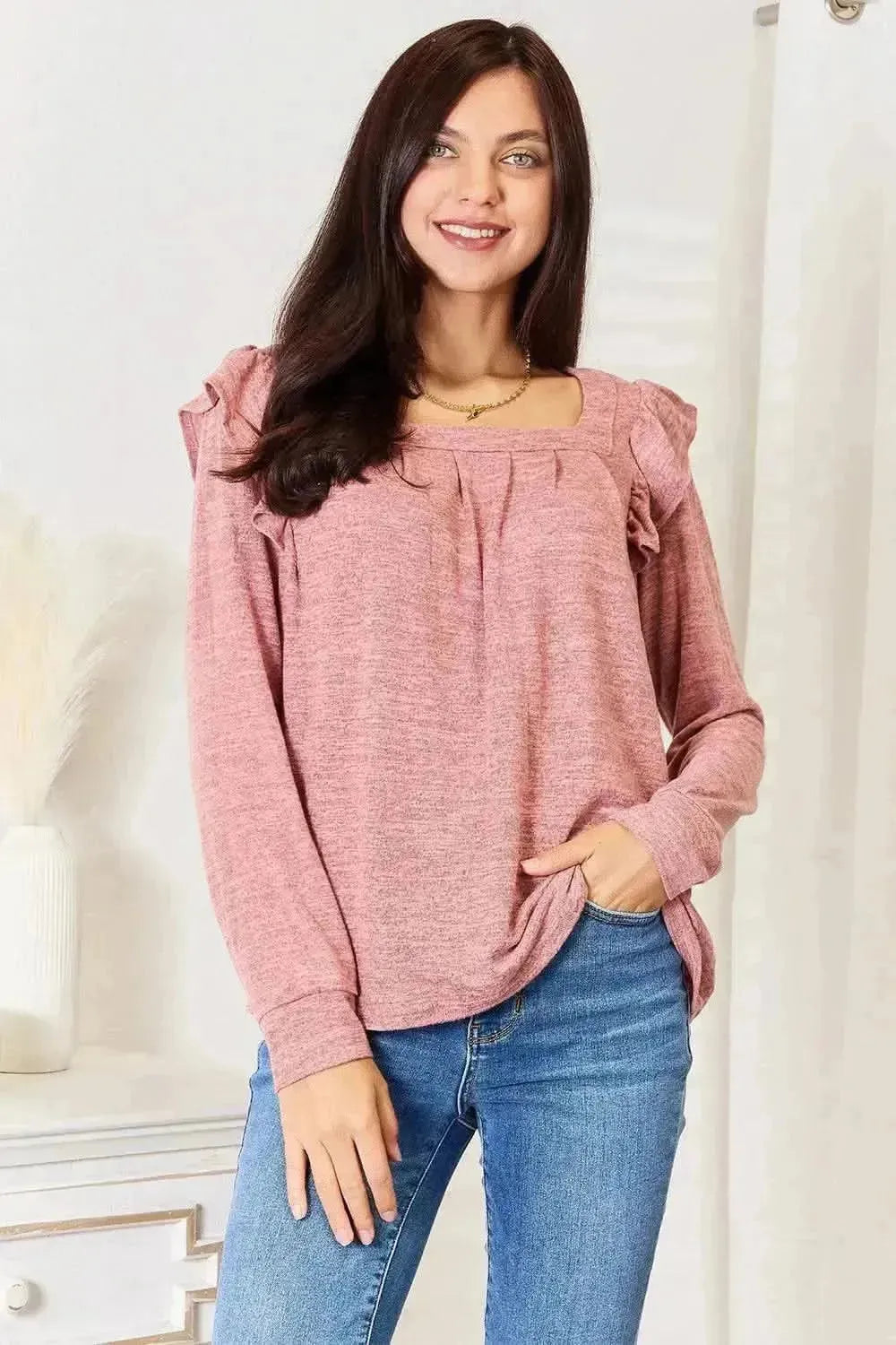 Double Take Square Neck Ruffle Shoulder Long Sleeve T-Shirt - Bad Moms Club