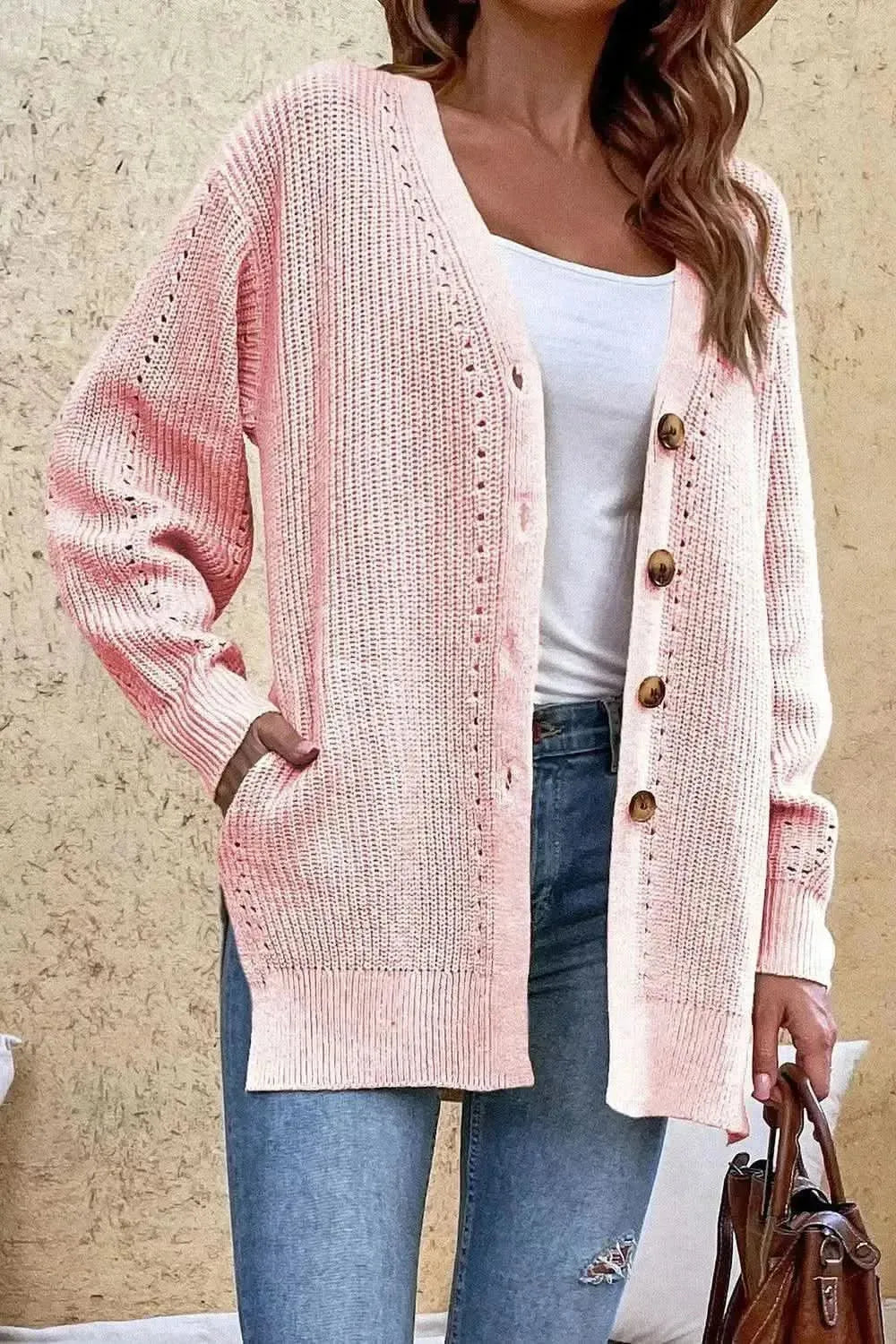 V-Neck Openwork Long Sleeve Cardigan - Bad Moms Club