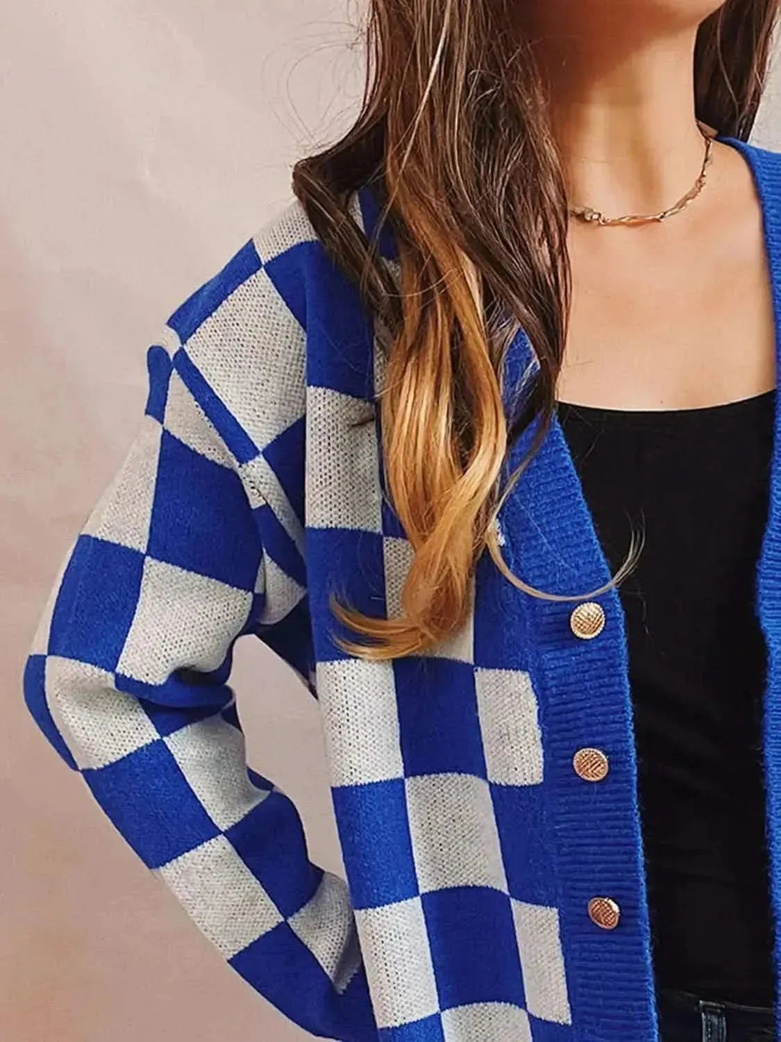 Checkered Open Front Button Up Cardigan - Bad Moms Club