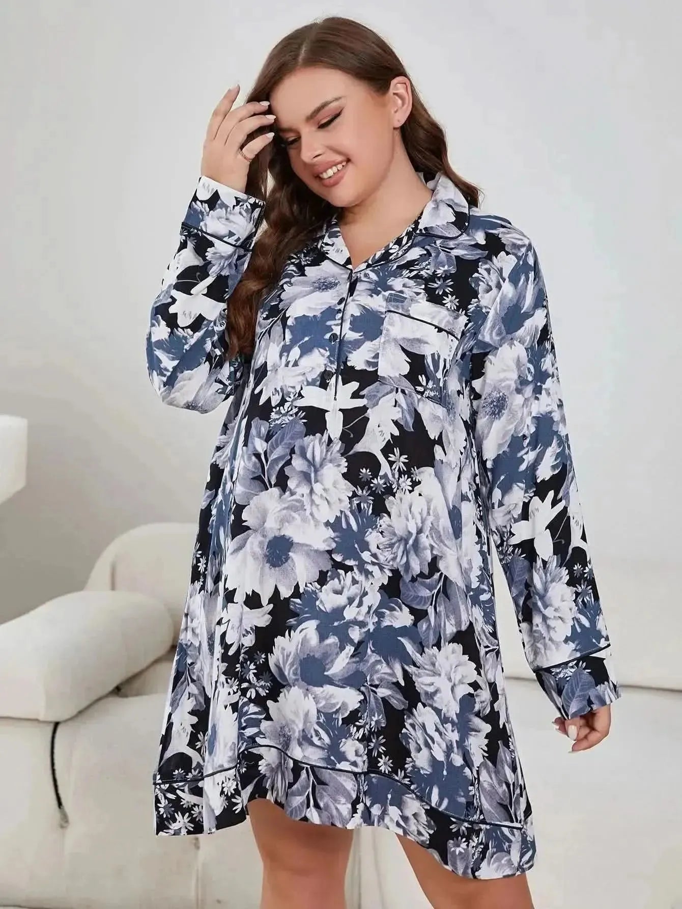 Plus Size Floral Lapel Collar Long Sleeve Night Dress - Bad Moms Club