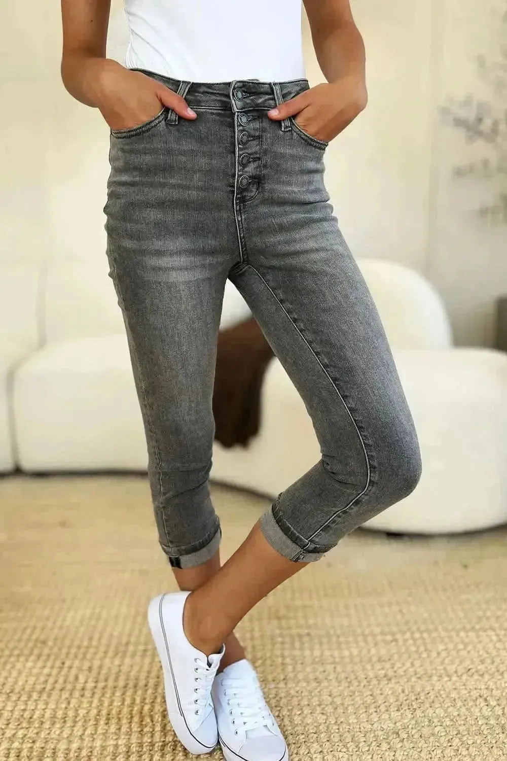 Judy Blue Full Size Button Fly High Waist Cuffed Capris - Bad Moms Club