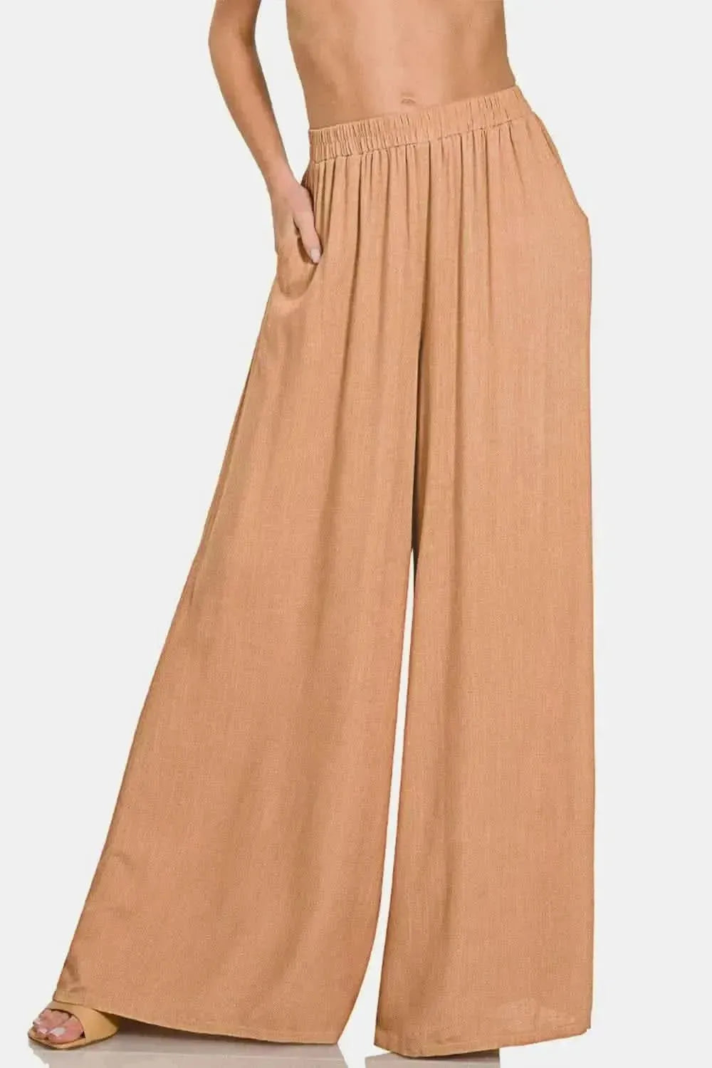 Zenana Pleated Linen Blend Wide Leg Pants - Bad Moms Club