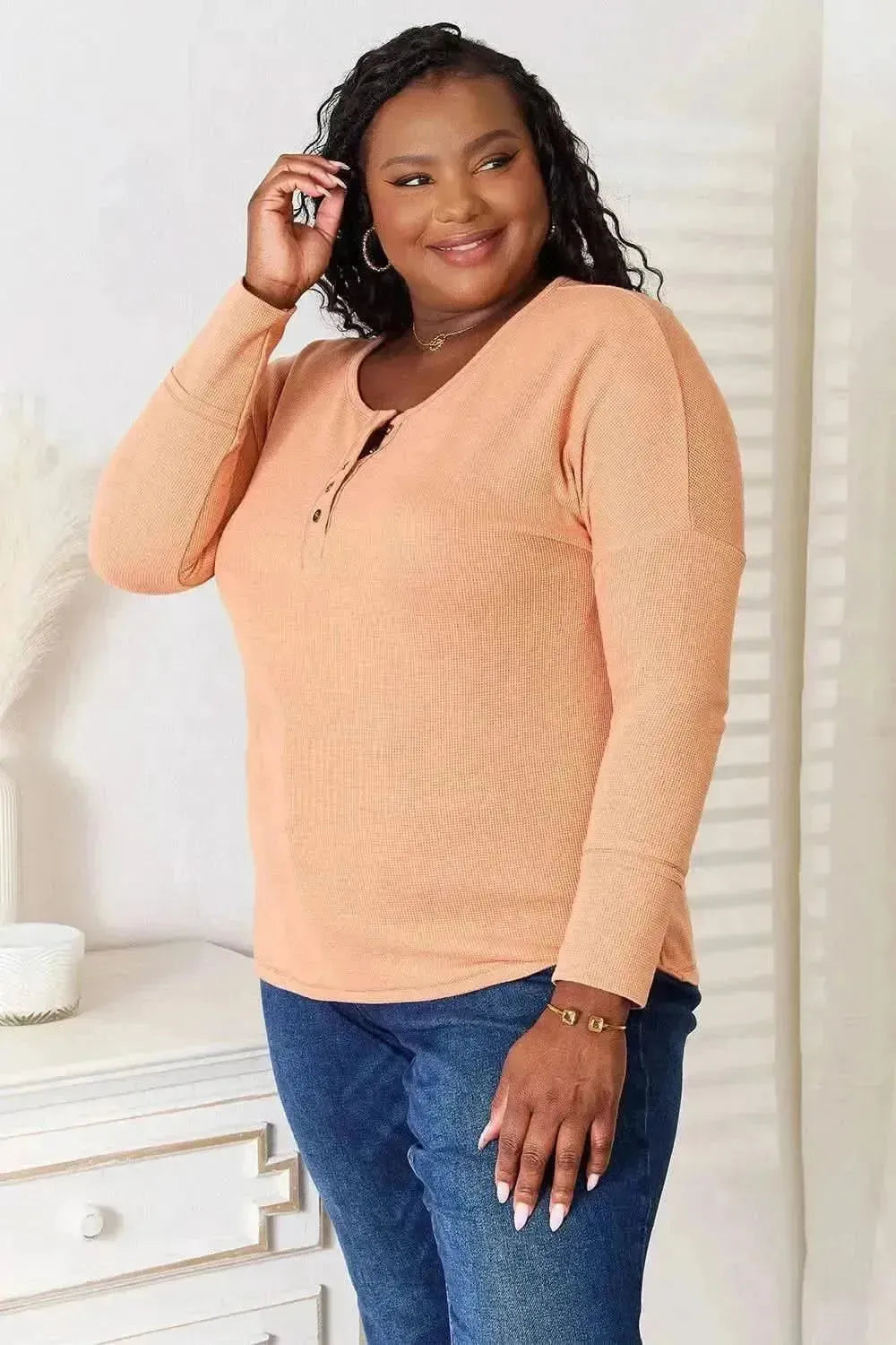 Basic Bae Half Button Long Sleeve Top - Bad Moms Club