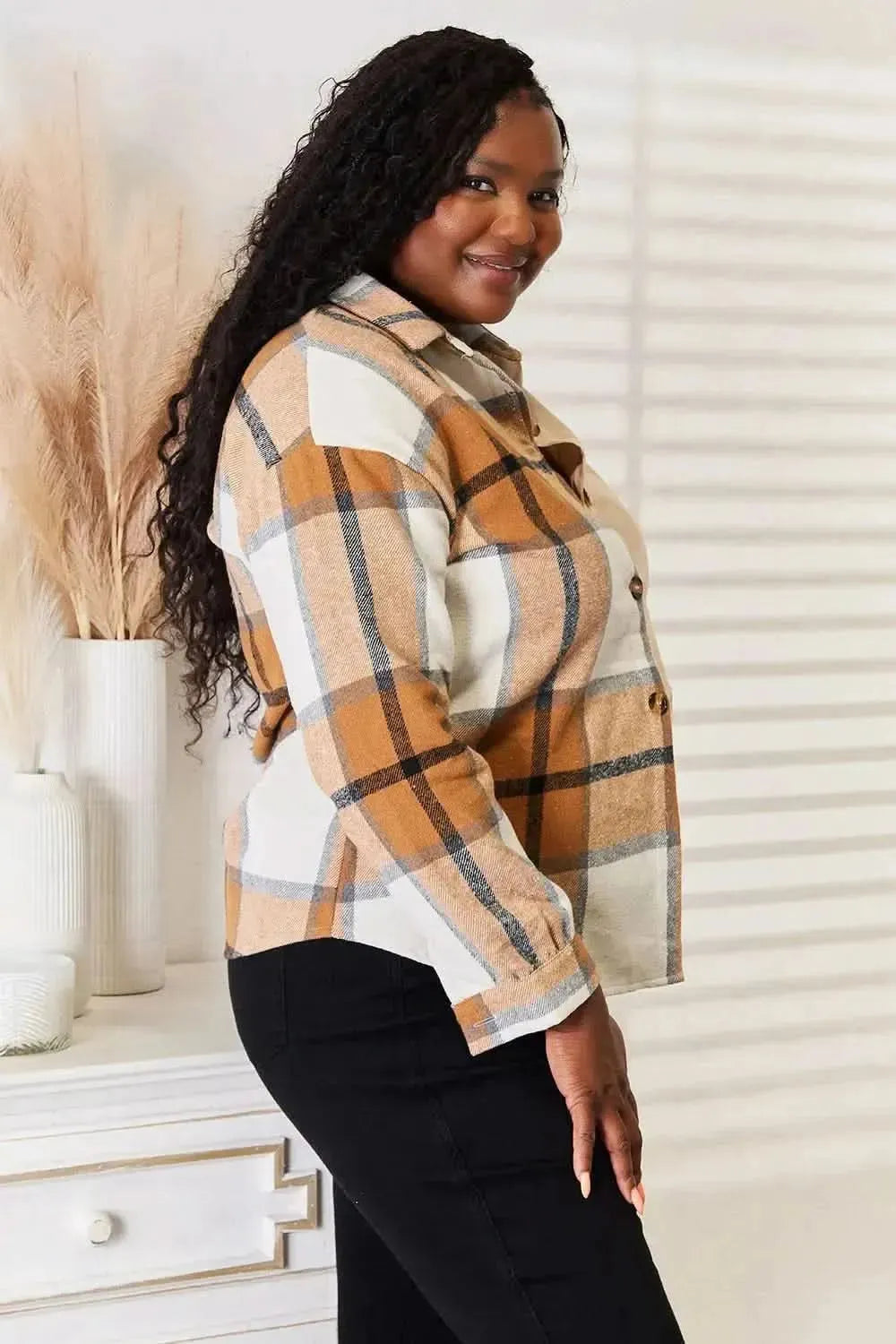 Perfee Plaid Print Dropped Shoulder Shirt - Bad Moms Club