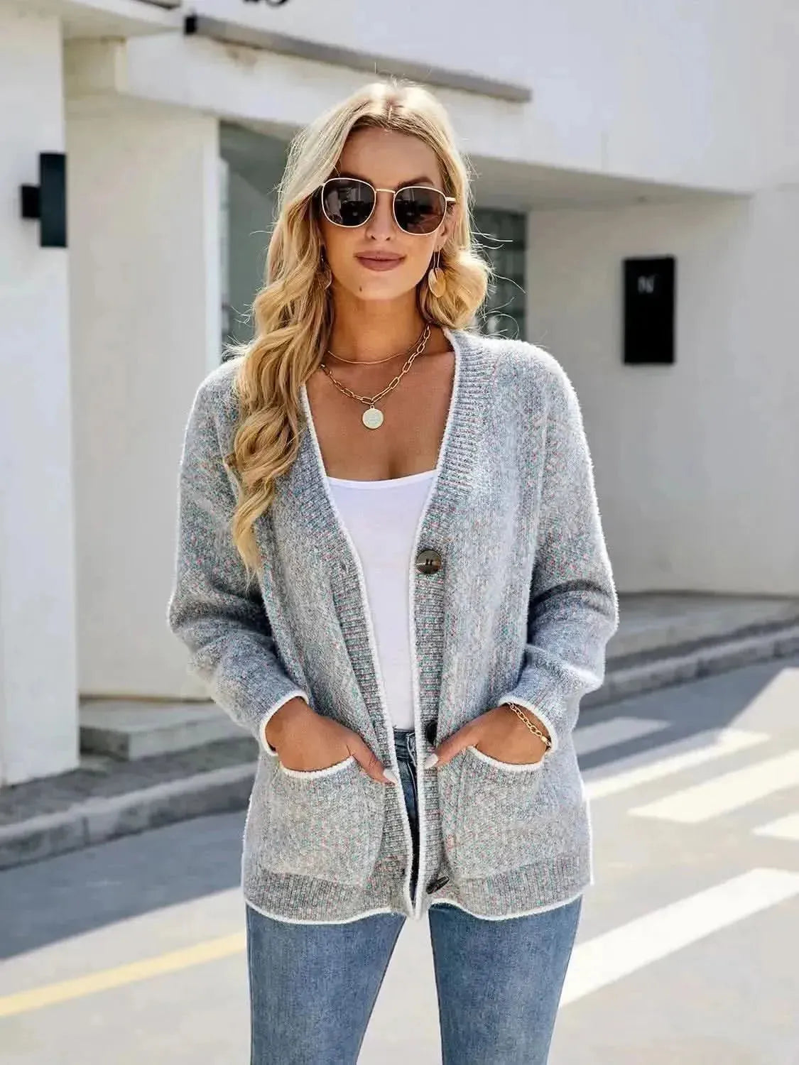Button Down V-Neck Cardigan with Pockets - Bad Moms Club