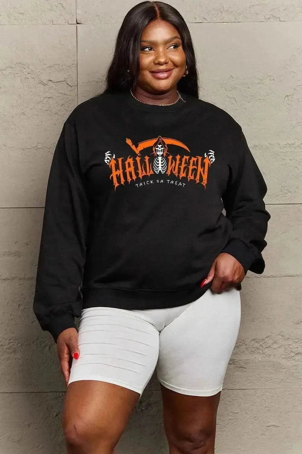 Simply Love Full Size HALLOWEEN TRICK OR TREAT Graphic Sweatshirt - Bad Moms Club