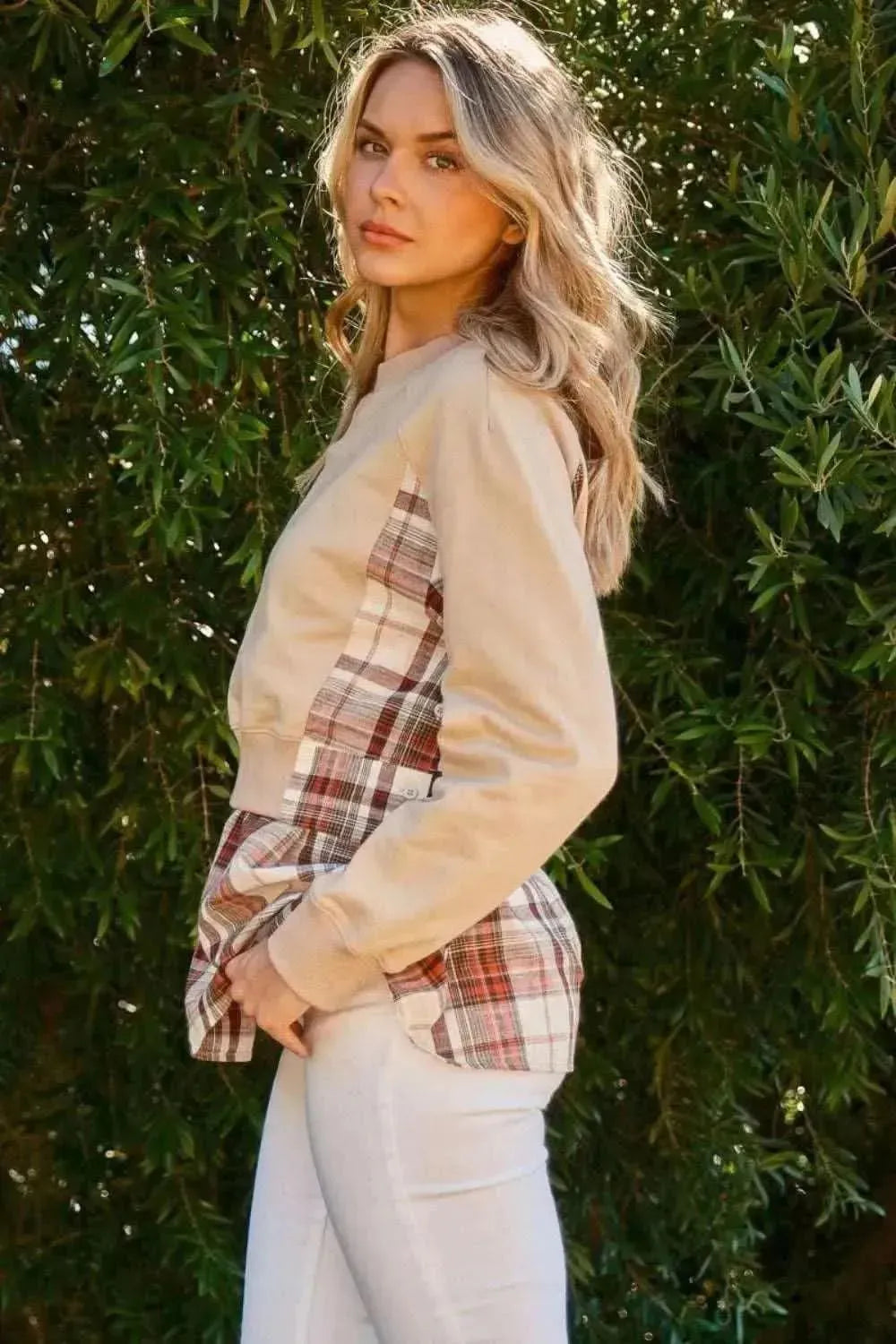 And The Why Full Size Double Layered Plaid Contrast Sweatshirt - Bad Moms Club