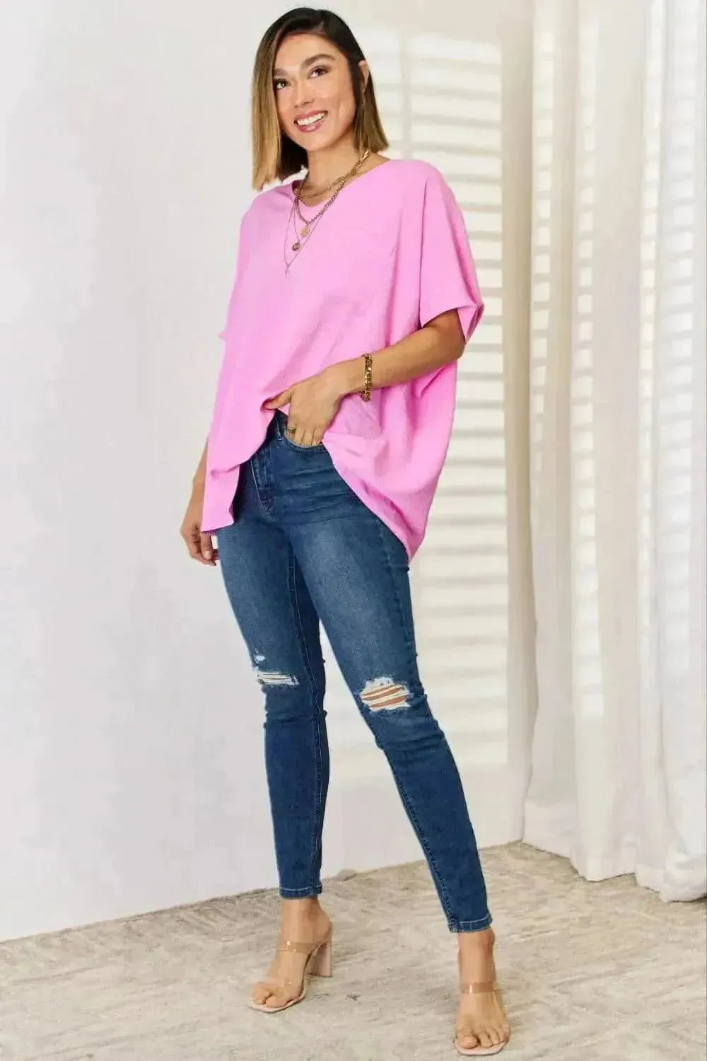 Zenana Texture Short Sleeve Blouse - Bad Moms Club